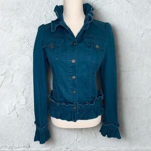 INC International Concepts Jean Jacket Women Ruffle Size XS Cotton Blend